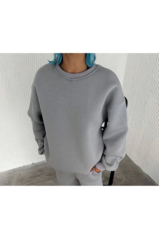 Moda Shop & Butik Kışlık Bisiklet Yaka Üç Iplik Basic Sweatshirt - Gri