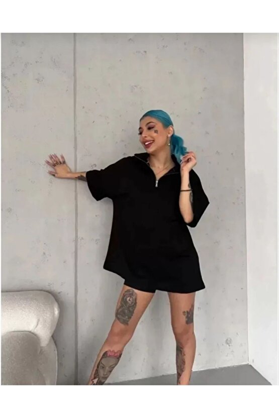 Moda Shop & Butik Unisex Yarım Fermuarlı Düz Oversize T-shirt - Siyah