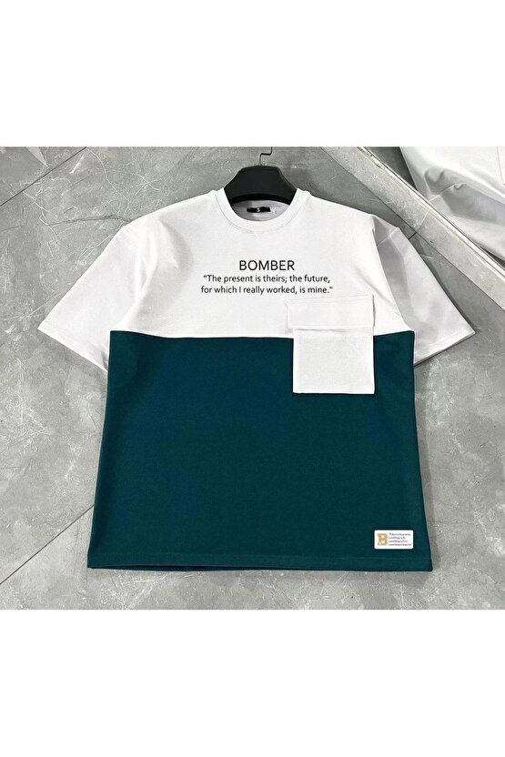 Unisex Torba Cep Detaylı Parçalı T-shirt - Lacivert