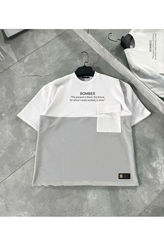 Moda Shop & Butik Unisex Torba Cep Detaylı Parçalı T-shirt - Gri