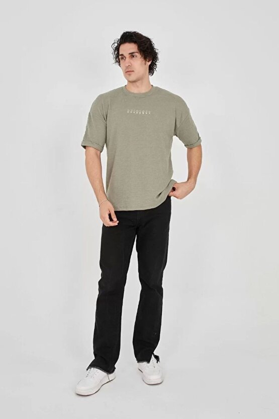 Unisex Jakar Kumaş Rahat Kol T-shirt - Açık Yeşil