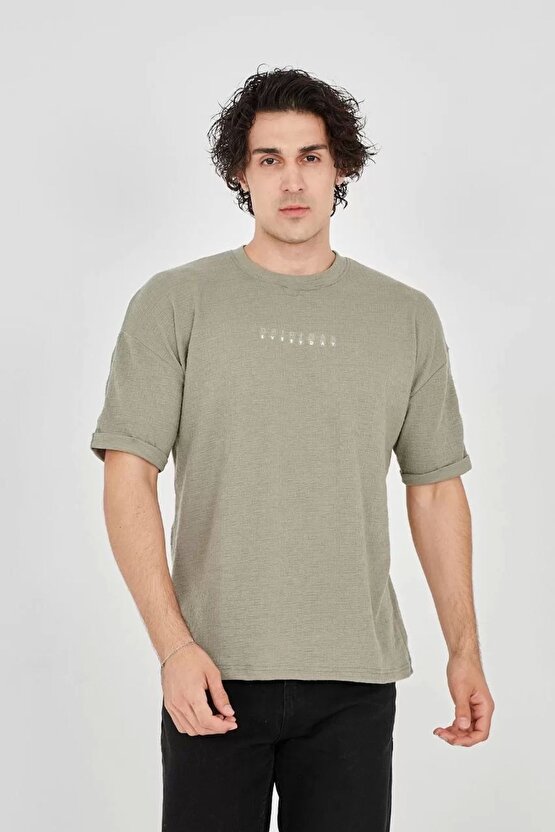 Unisex Jakar Kumaş Rahat Kol T-shirt - Açık Yeşil