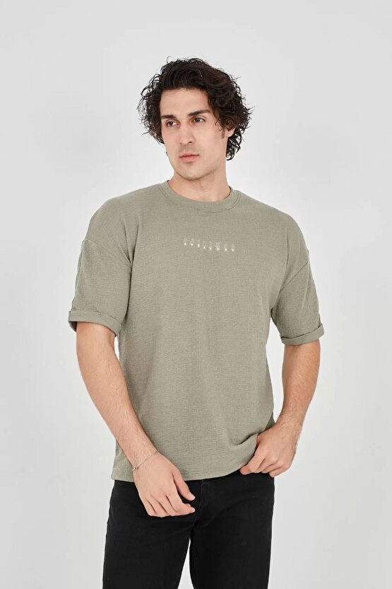 Unisex Jakar Kumaş Rahat Kol T-shirt - Açık Yeşil