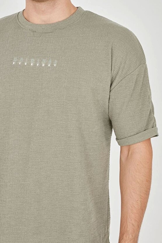 Unisex Jakar Kumaş Rahat Kol T-shirt - Açık Yeşil
