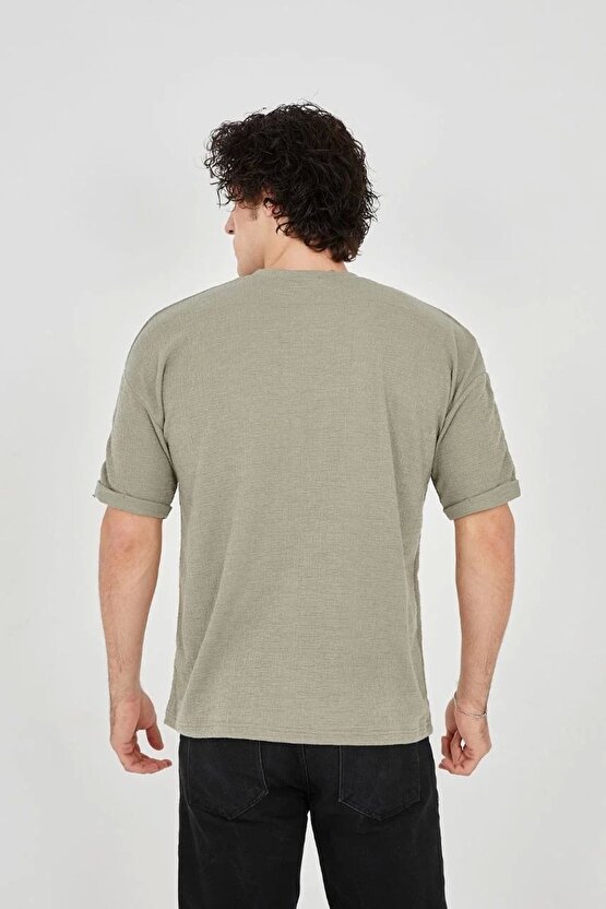 Unisex Jakar Kumaş Rahat Kol T-shirt - Açık Yeşil