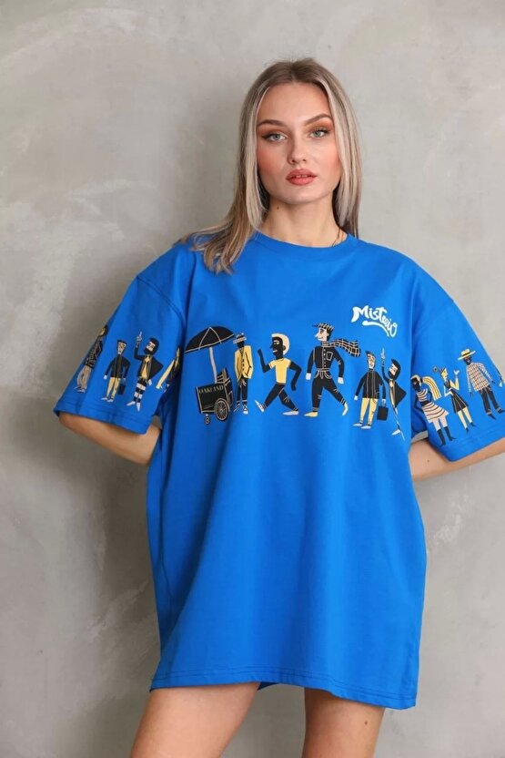 Unisex Bisiklet Yaka Baskılı Oversize T-Shirt - Mavi