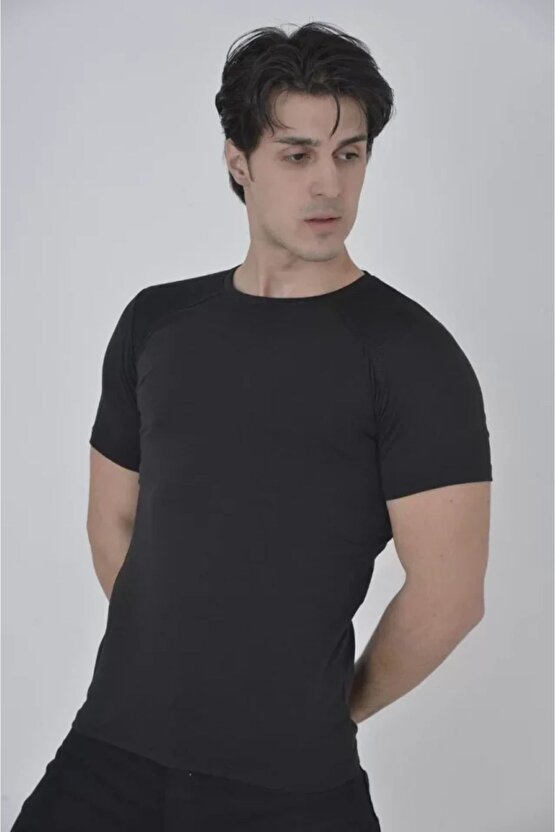 Moda Shop & Butik Erkek Omuz Fileli Slim Fit T-shirt - Siyah