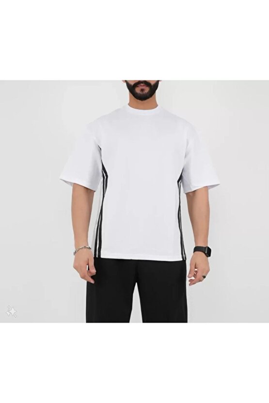 Moda Shop & Butik Unisex Oversize Yanları Şeritli T-shirt - Beyaz