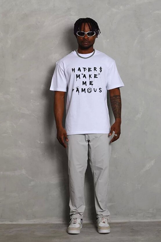 Unisex Oversize Baskılı Bisiklet Yaka T-Shirt - Beyaz
