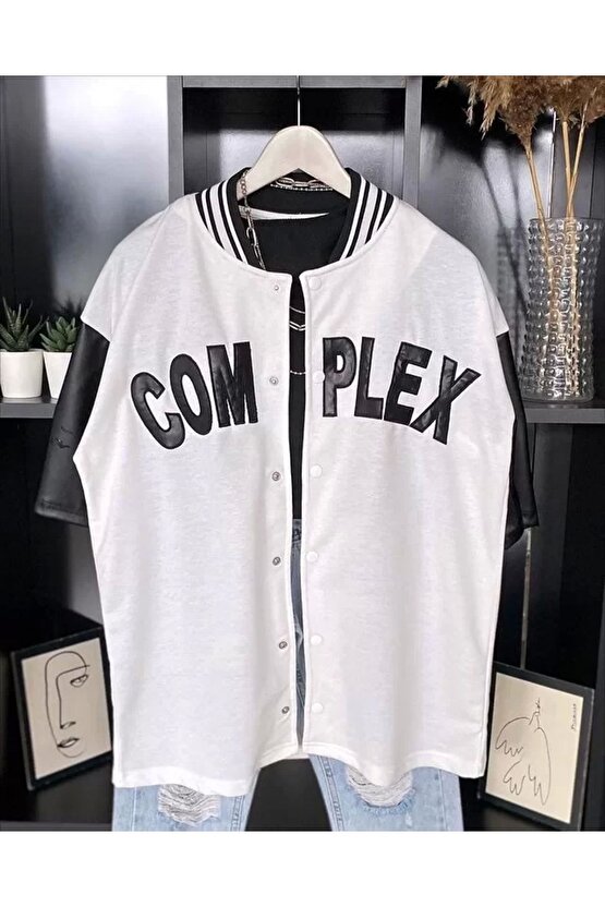 Erkek Complex Kolları Deri Kolej Oversize T-Shirt - Beyaz
