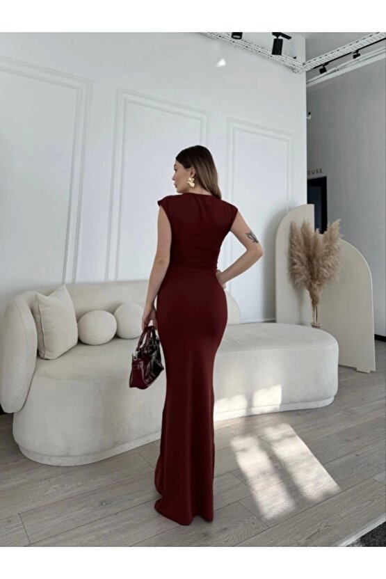 Kolsuz Uzun Likralı Elbise - Bordo