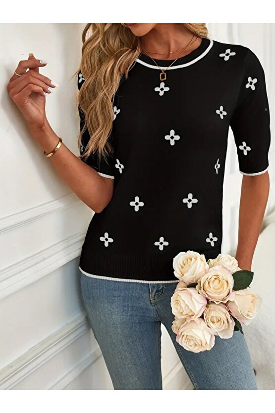 Moda Shop & Butik Kadın Kısa Kollu Çiçek Desen Bluz