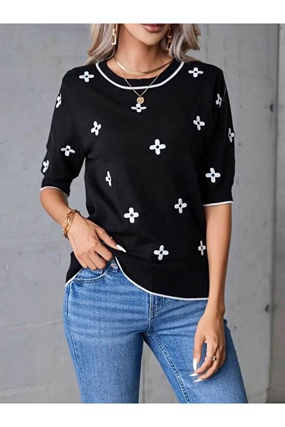 Moda Shop & Butik Kadın Kısa Kollu Çiçek Desen Bluz