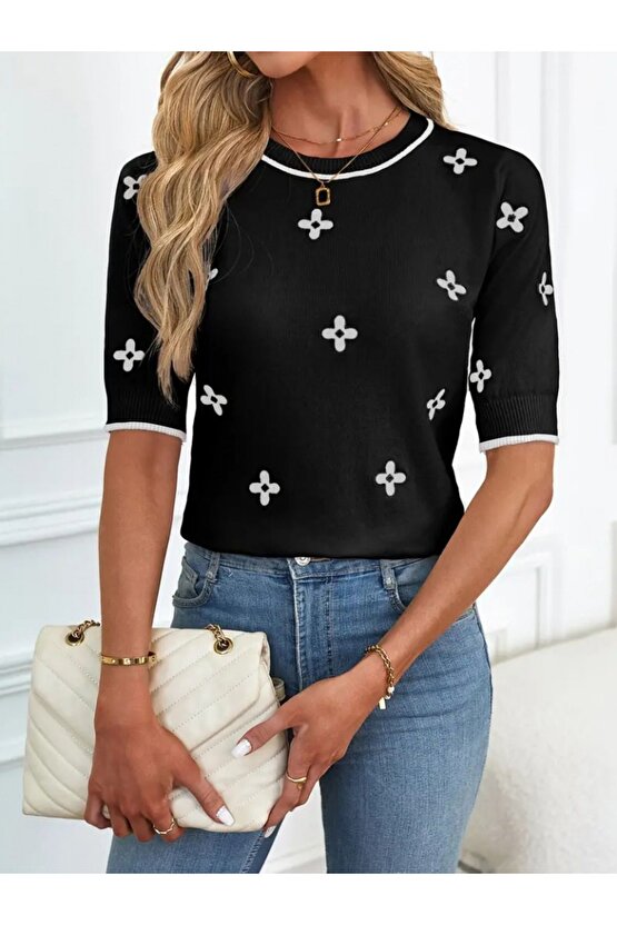 Moda Shop & Butik Kadın Kısa Kollu Çiçek Desen Bluz