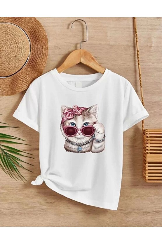 Kız Çocuk Bisiklet Yaka Baskılı T-Shirt - Beyaz