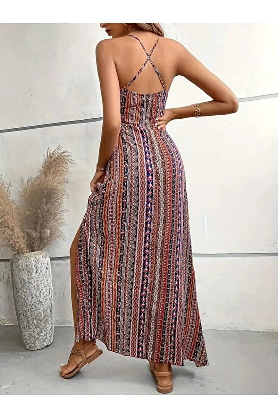 Equri Kadın Ip Askılı Sırttan Çapraz Detaylı Yırtmaçlı Desenli Süprem Elbise