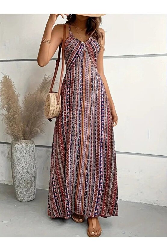 Equri Kadın Ip Askılı Sırttan Çapraz Detaylı Yırtmaçlı Desenli Süprem Elbise