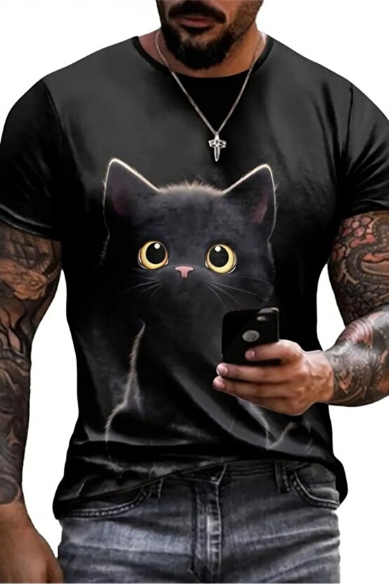 Moda Shop & Butik Erkek Bisiklet Yaka Kedi Baskılı Süprem T-shirt