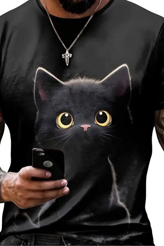 Moda Shop & Butik Erkek Bisiklet Yaka Kedi Baskılı Süprem T-shirt