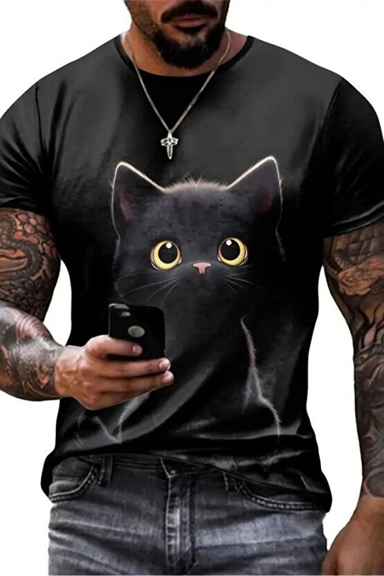 Moda Shop & Butik Erkek Bisiklet Yaka Kedi Baskılı Süprem T-shirt
