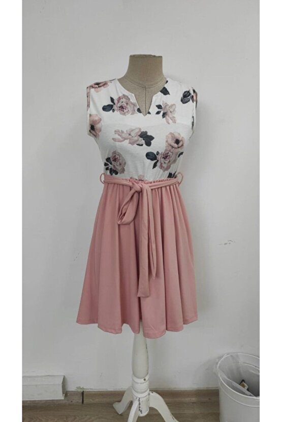 Kadın Sıfır Kollu V Yakalı çiçek Baskılı Beli Kuşaklı Dalgıç Elbise