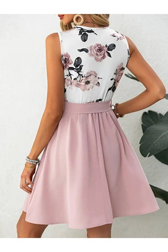 Kadın Sıfır Kollu V Yakalı çiçek Baskılı Beli Kuşaklı Dalgıç Elbise