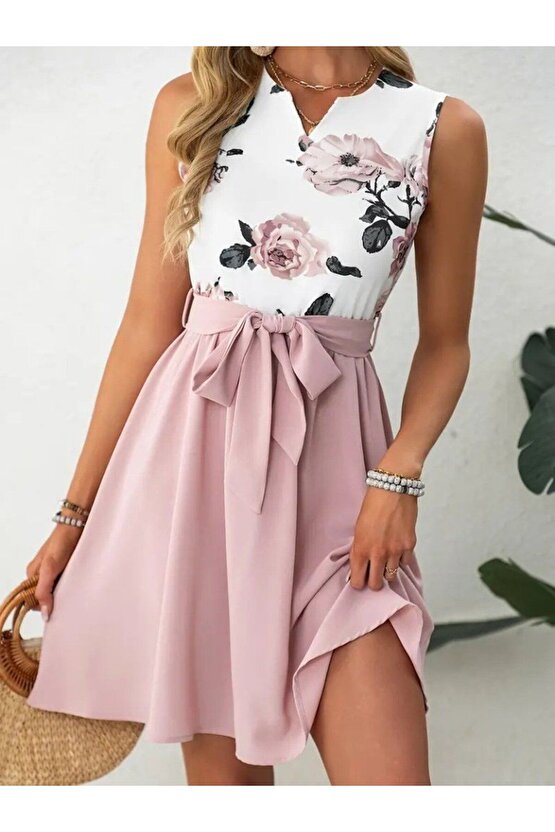 Kadın Sıfır Kollu V Yakalı çiçek Baskılı Beli Kuşaklı Dalgıç Elbise