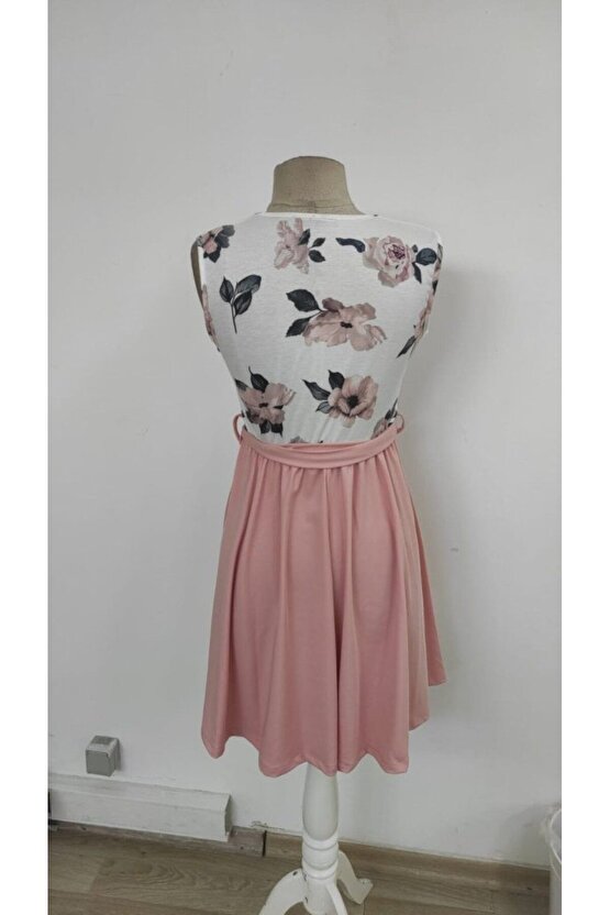 Moda Shop & Butik Kadın Sıfır Kollu V Yakalı Çiçek Baskılı Beli Kuşaklı Dalgıç Elbise
