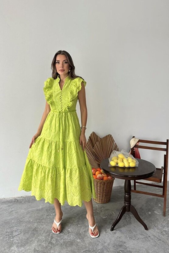 Moda Shop & Butik Yağ Yeşili Fırfırlı Düğmeli Elbise