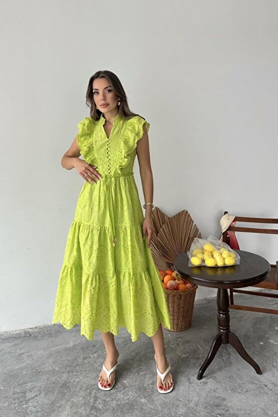 Moda Shop & Butik Yağ Yeşili Fırfırlı Düğmeli Elbise