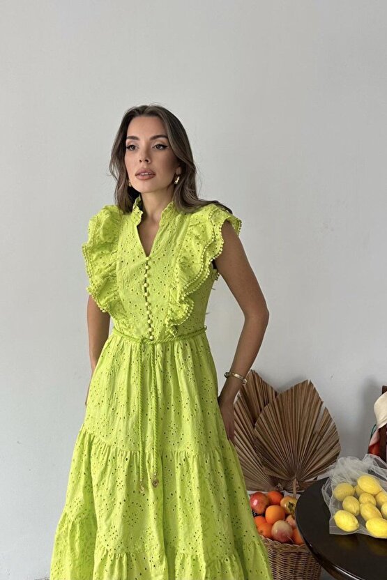 Moda Shop & Butik Yağ Yeşili Fırfırlı Düğmeli Elbise