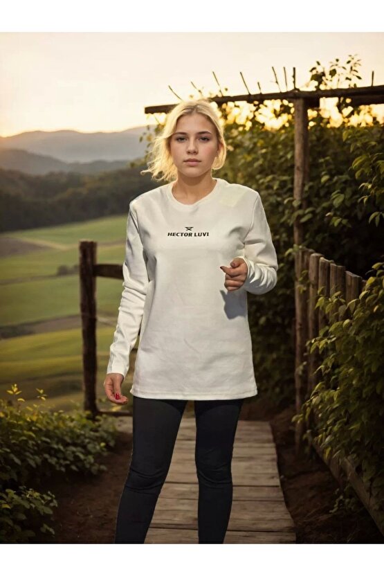 Unisex Bisiklet Yaka Uzun Kollu T-Shirt - Beyaz