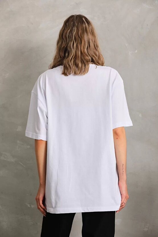 Unisex Bisiklet Yaka 201 Düz Oversize T-Shirt - Beyaz