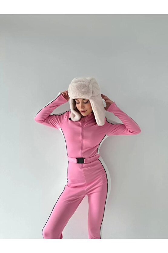 Kemer Detaylı Fermuarlı Tulum - Pembe