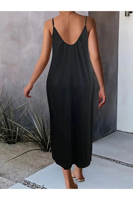 Kadın Ip Askılı Geniş V Yakalı Viskon Elbise