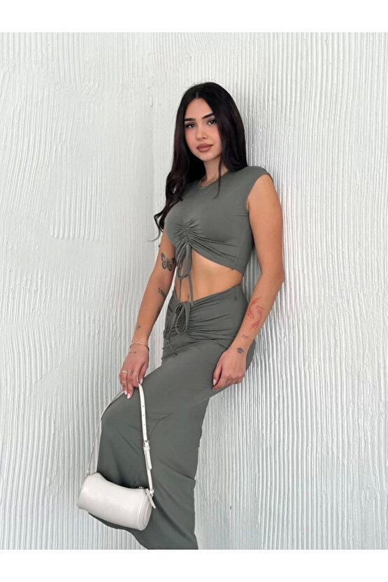 Osy Modal Yumuşak Dokulu Kumaş Büzgülü Crop Etek Takım - Mint Yeşili