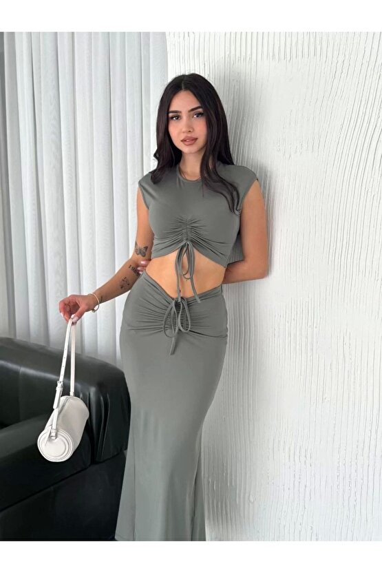 Osy Modal Yumuşak Dokulu Kumaş Büzgülü Crop Etek Takım - Mint Yeşili