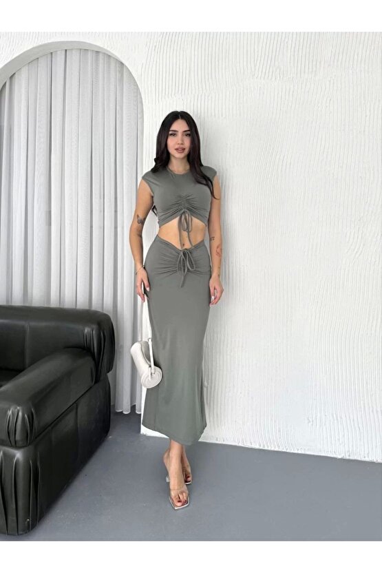 Osy Modal Yumuşak Dokulu Kumaş Büzgülü Crop Etek Takım - Mint Yeşili