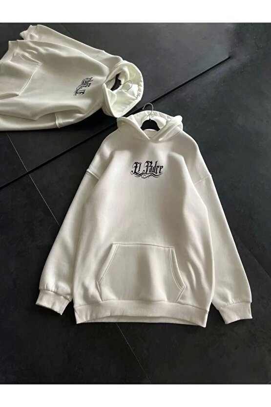 Üç Iplik Penye Uzun Kol Kapüşonlu Baskılı Sweatshirt - Beyaz
