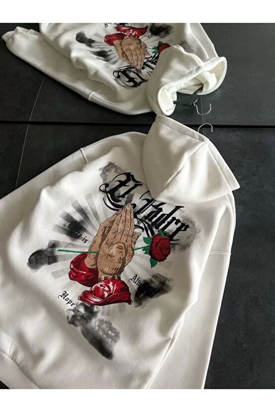 Üç Iplik Penye Uzun Kol Kapüşonlu Baskılı Sweatshirt - Beyaz