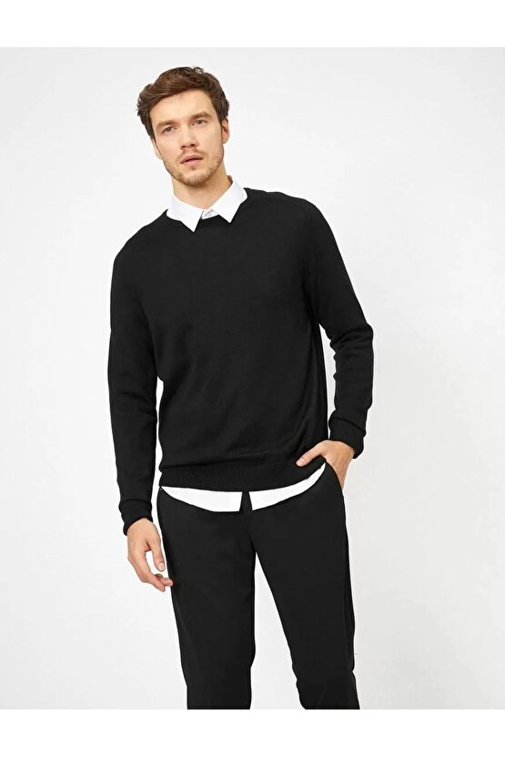 Unisex Uzun Kol Biskilet Yaka Dokuma Triko - Siyah