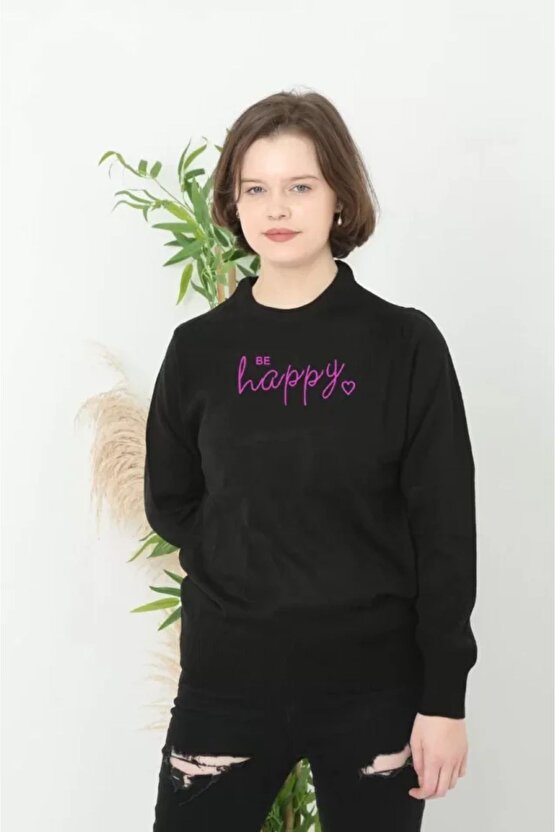 Moda Shop & Butik Baskılı Uzun Kol Yarım Boğazlı Dokuma Triko - Siyah