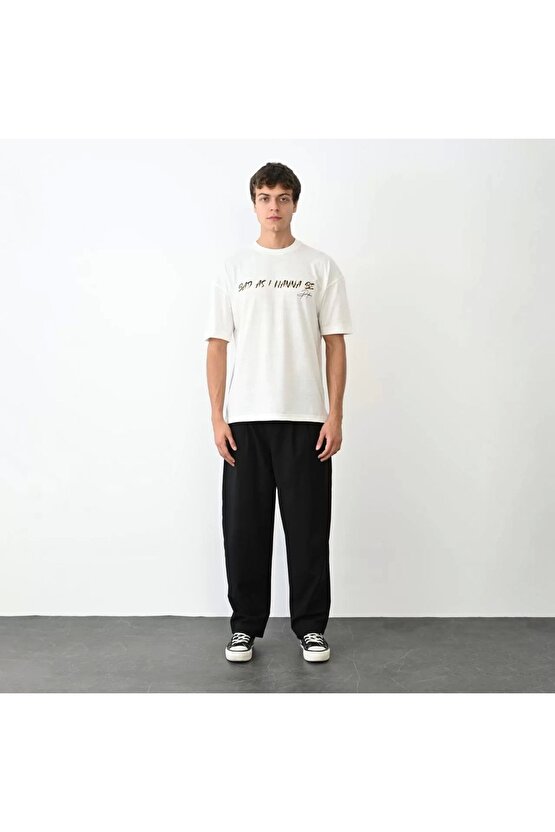 Unisex Bisiklet Yaka Baskılı Oversize T-Shirt - Beyaz