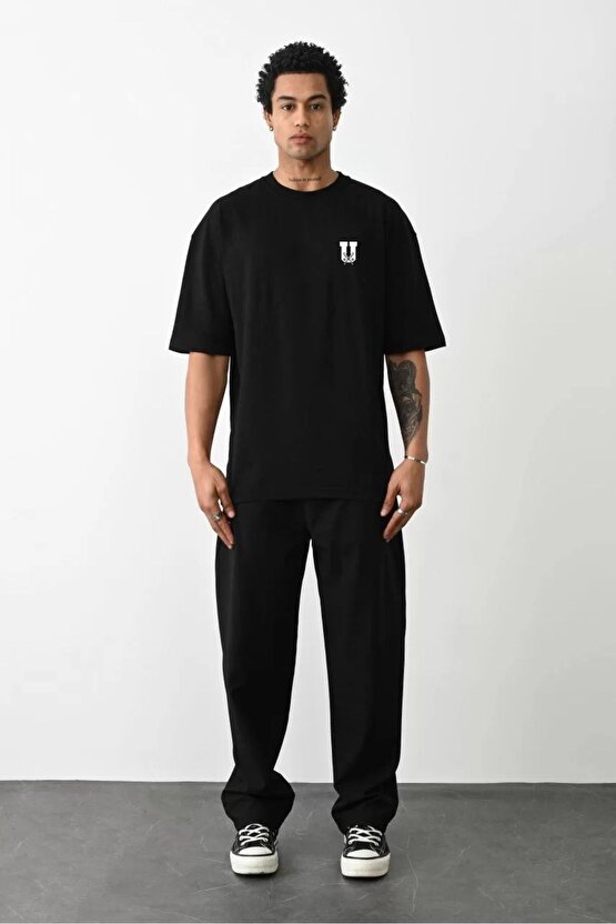 Unisex Bisiklet Yaka Baskılı Oversize T-Shirt - Beyaz