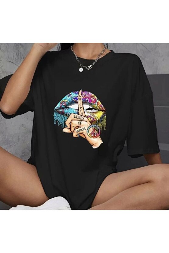 Unisex Bisiklet Yaka Baskılı Oversize T-Shirt - Siyah