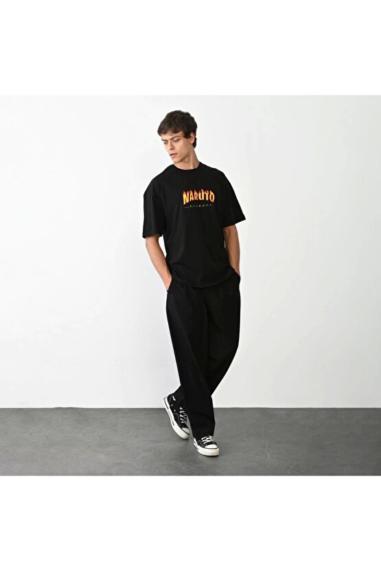 Unisex Bisiklet Yaka Baskılı Oversize T-Shirt - Siyah