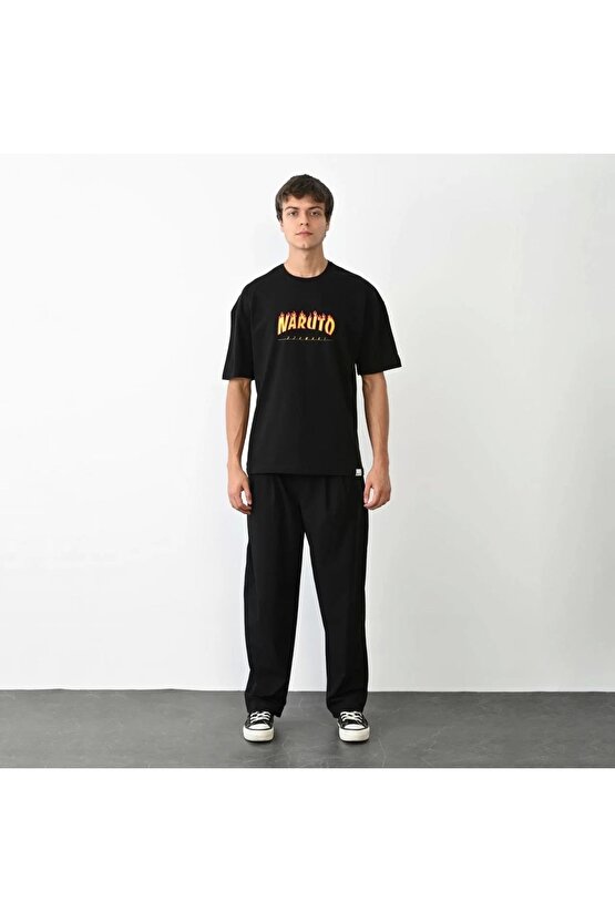 Unisex Bisiklet Yaka Baskılı Oversize T-Shirt - Siyah