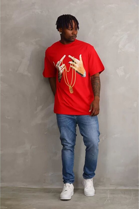 Mottisfashion Unisex Baskılı Oversize T-shirt - Kırmızı