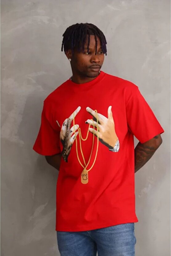 Mottisfashion Unisex Baskılı Oversize T-shirt - Kırmızı