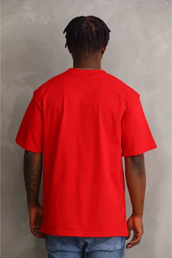 Mottisfashion Unisex Baskılı Oversize T-shirt - Kırmızı
